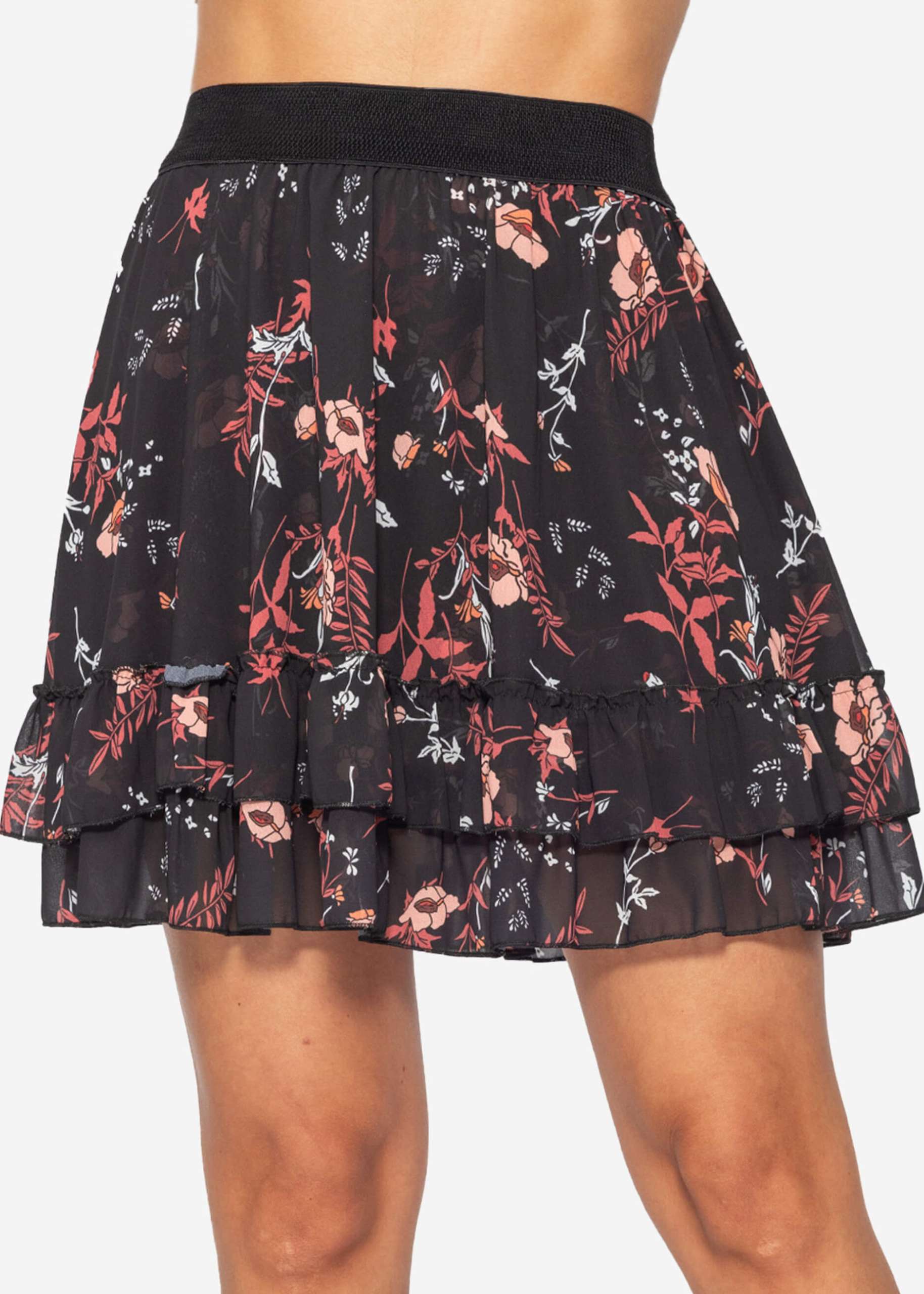 Flounces skirt with ruffles and floral print, black