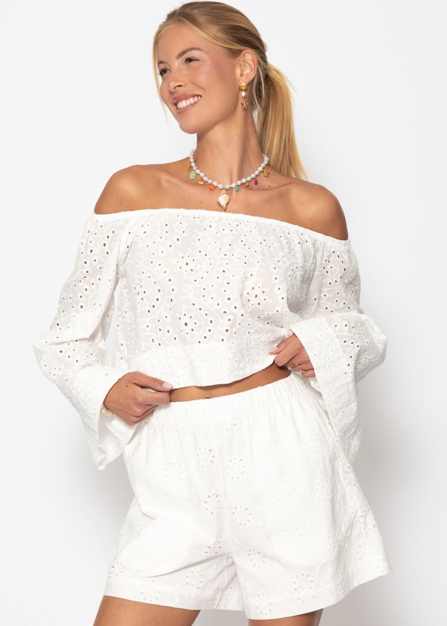 Off-the-shoulder long-sleeved top with eyelet embroidery - white