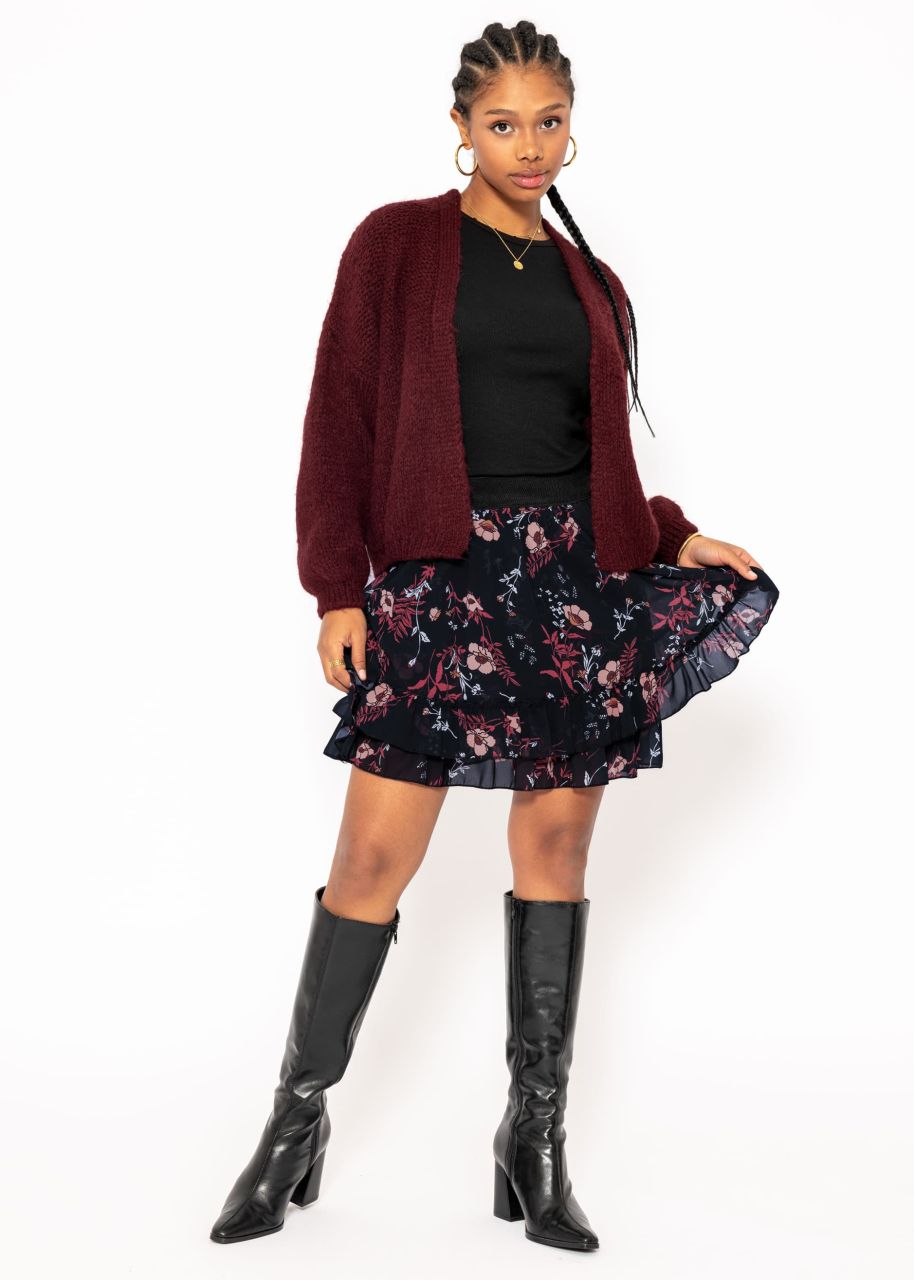 Flounces skirt with ruffles and floral print, black