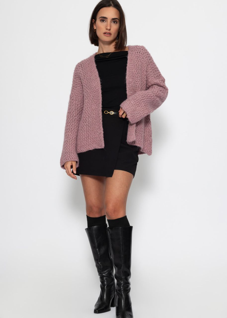 Chunky knit cardigan with trumpet sleeves - powder pink