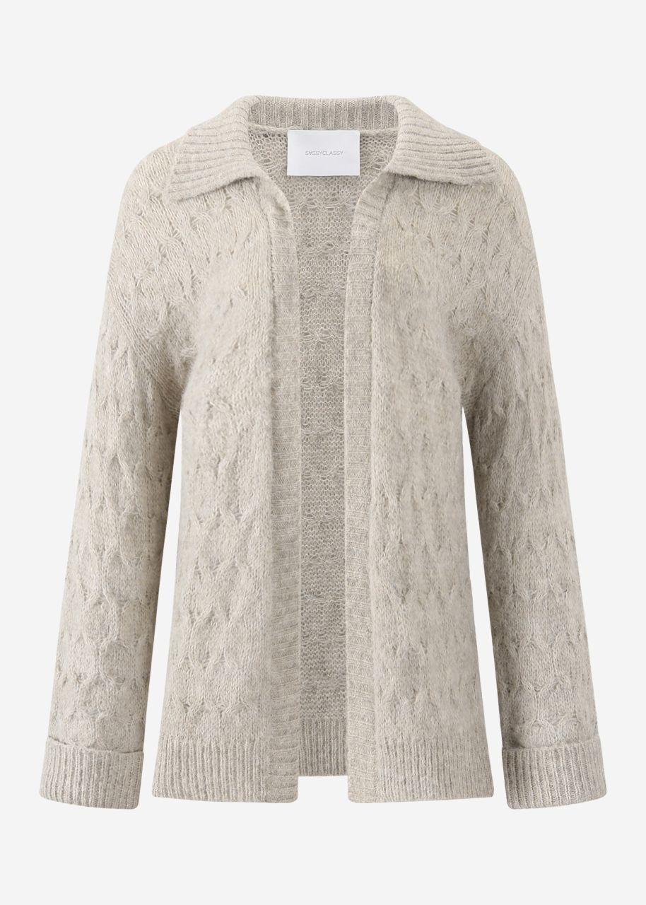 Fluffy cable-knit cardigan with collar - beige