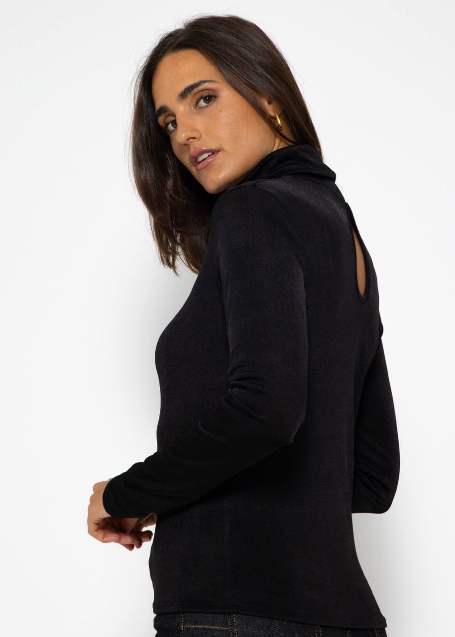 Flowing long-sleeved shirt with turtleneck and back cut-out - black