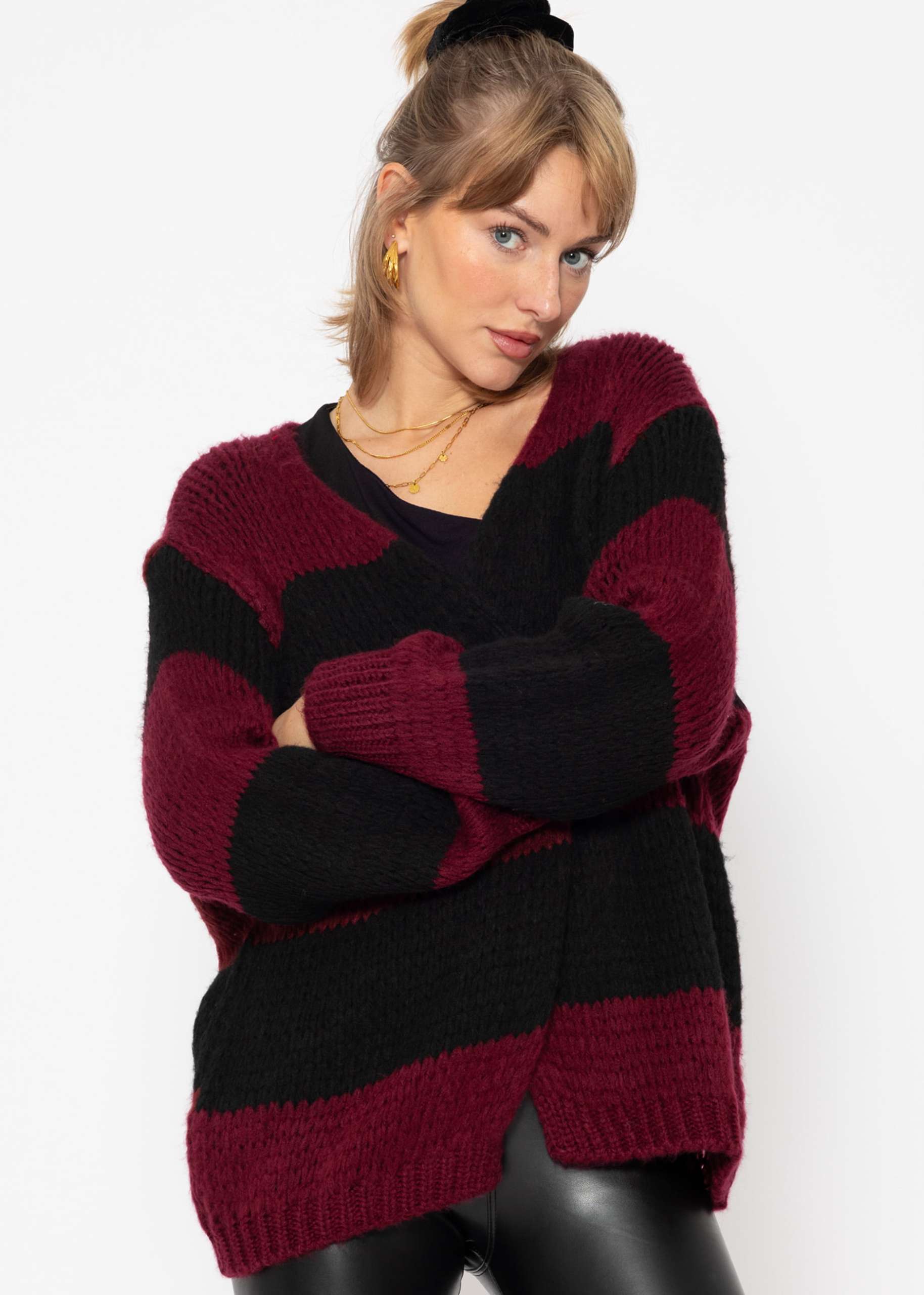 Striped oversize cardigan - burgundy-black