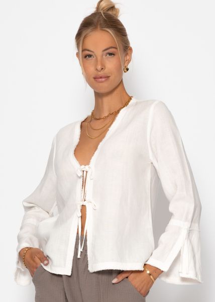 Linen blouse with trumpet sleeves and bow fastening - white
