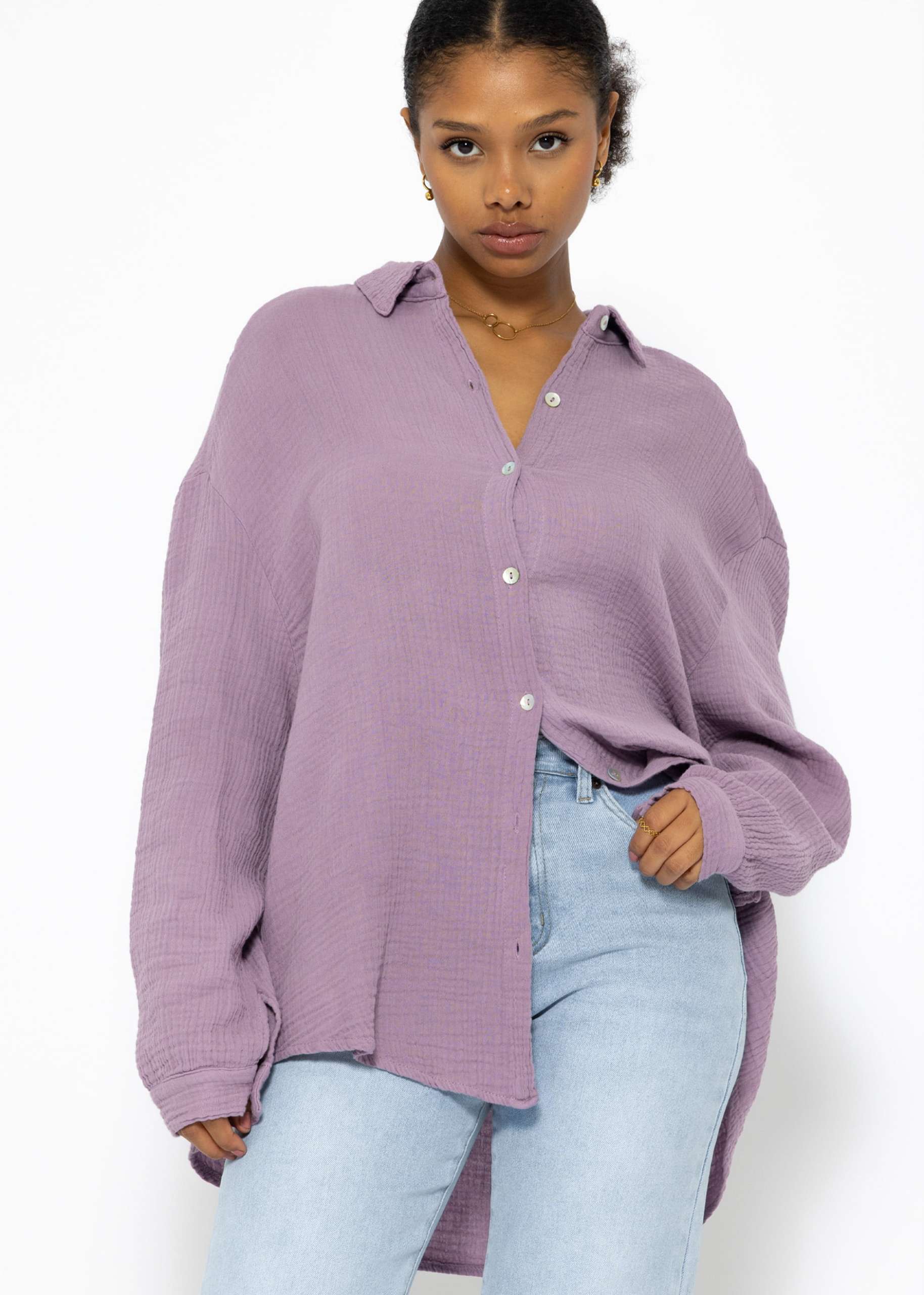 Muslin blouse oversize, short, purple