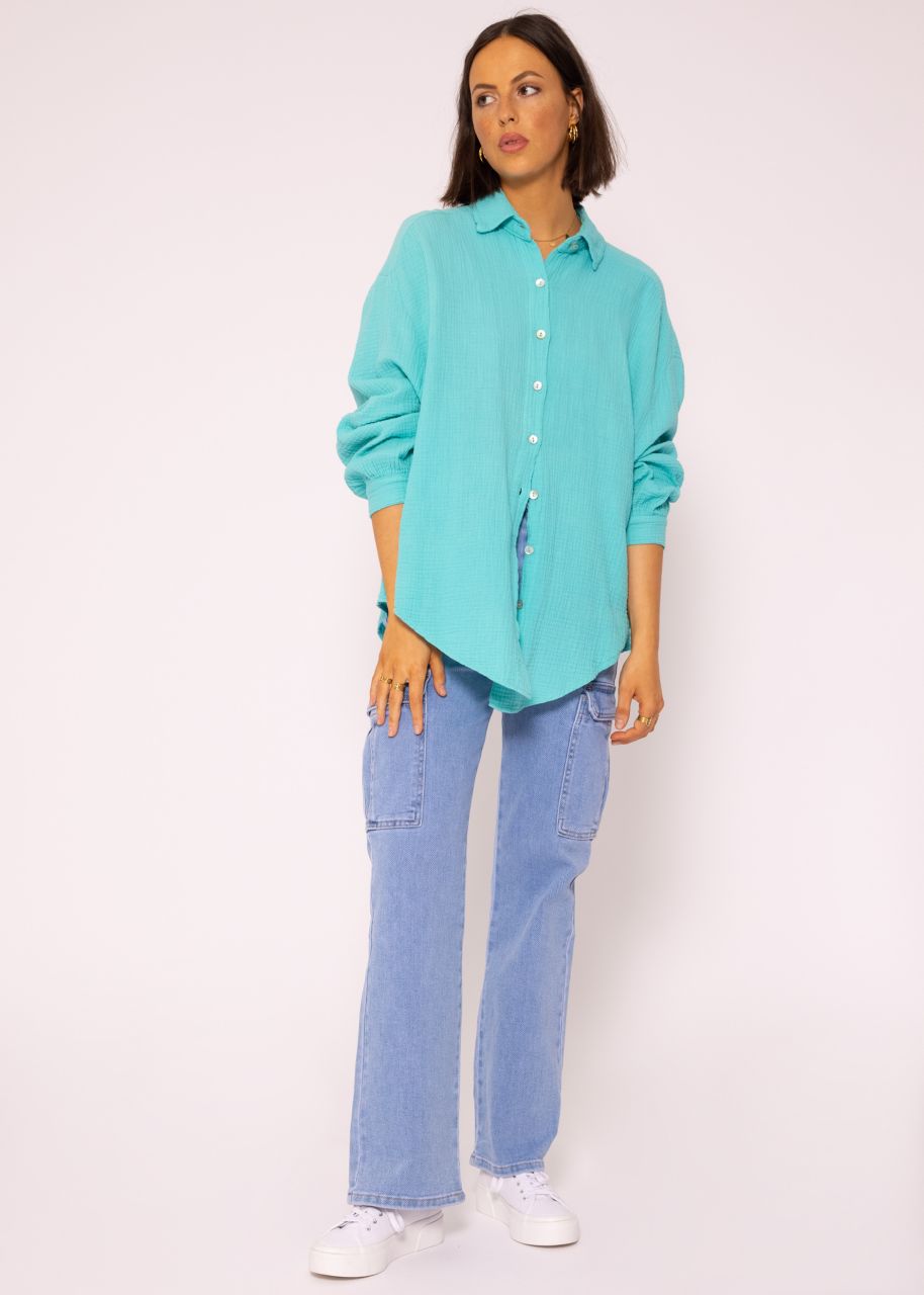 Muslin blouse oversize, short, turquoise