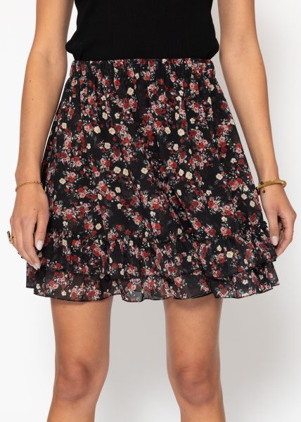 Flouncy skirt with ruffles and floral print - black