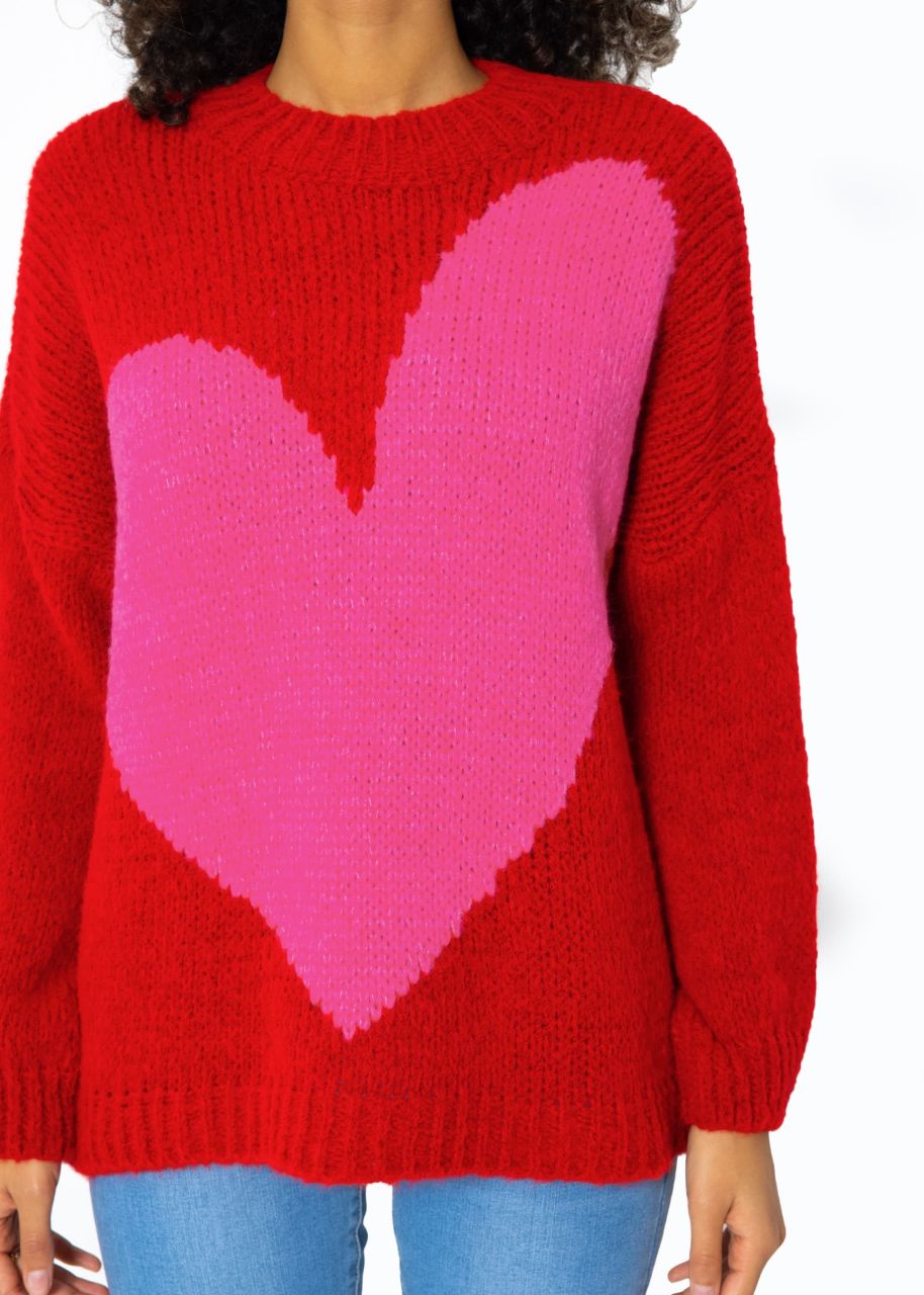 Oversized jumper with heart motif - red-pink