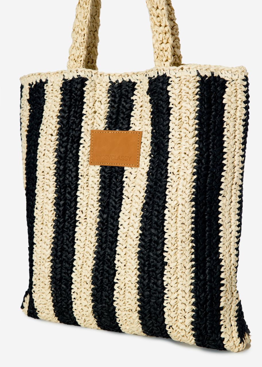 Striped raffia shopper - black