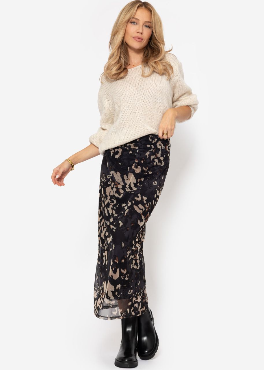 Long mesh skirt with leopard print - black-beige