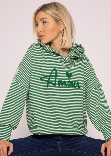 Striped hoodie "Amour", green / white