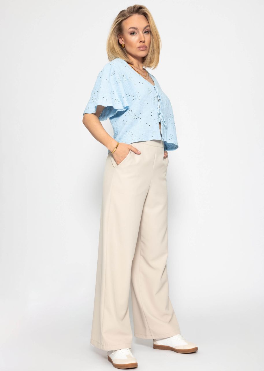 Muslin tie-up blouse with eyelet embroidery - light blue