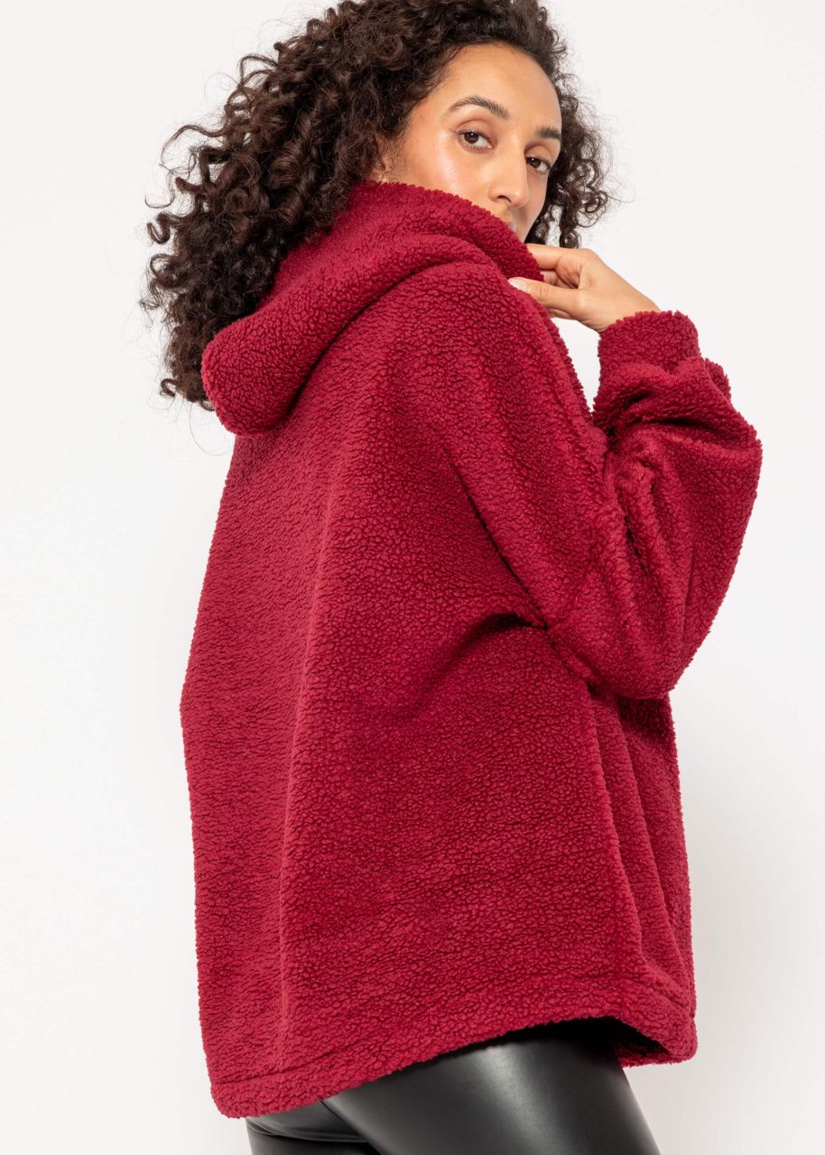 Oversized teddy sweatshirt with hood - wine red