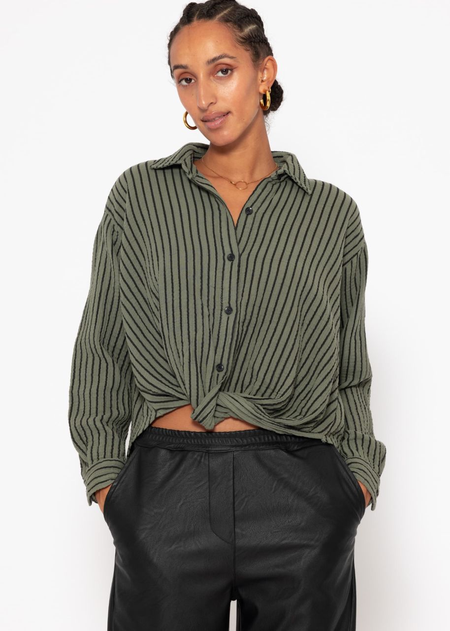 Striped muslin blouse with knot - khaki-black