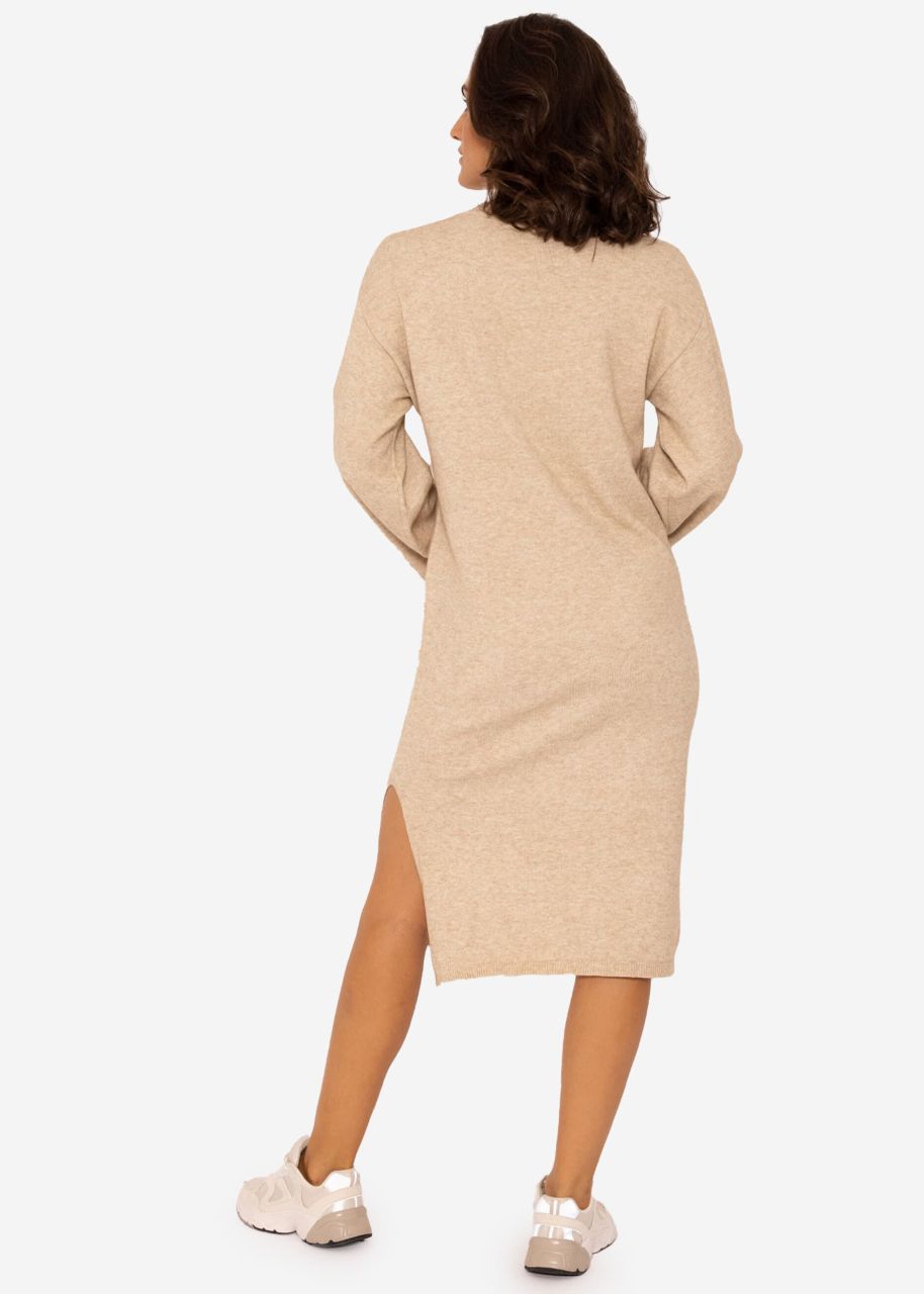 Midi length knit dress with side slit - beige