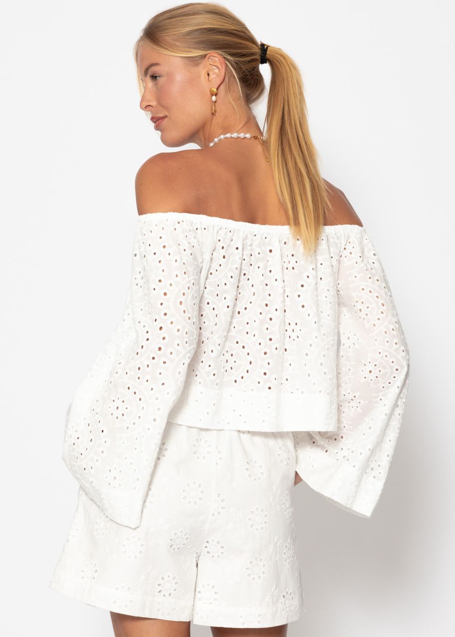 Off-the-shoulder long-sleeved top with eyelet embroidery - white