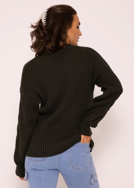Round neck sweater with cable knit, dark green