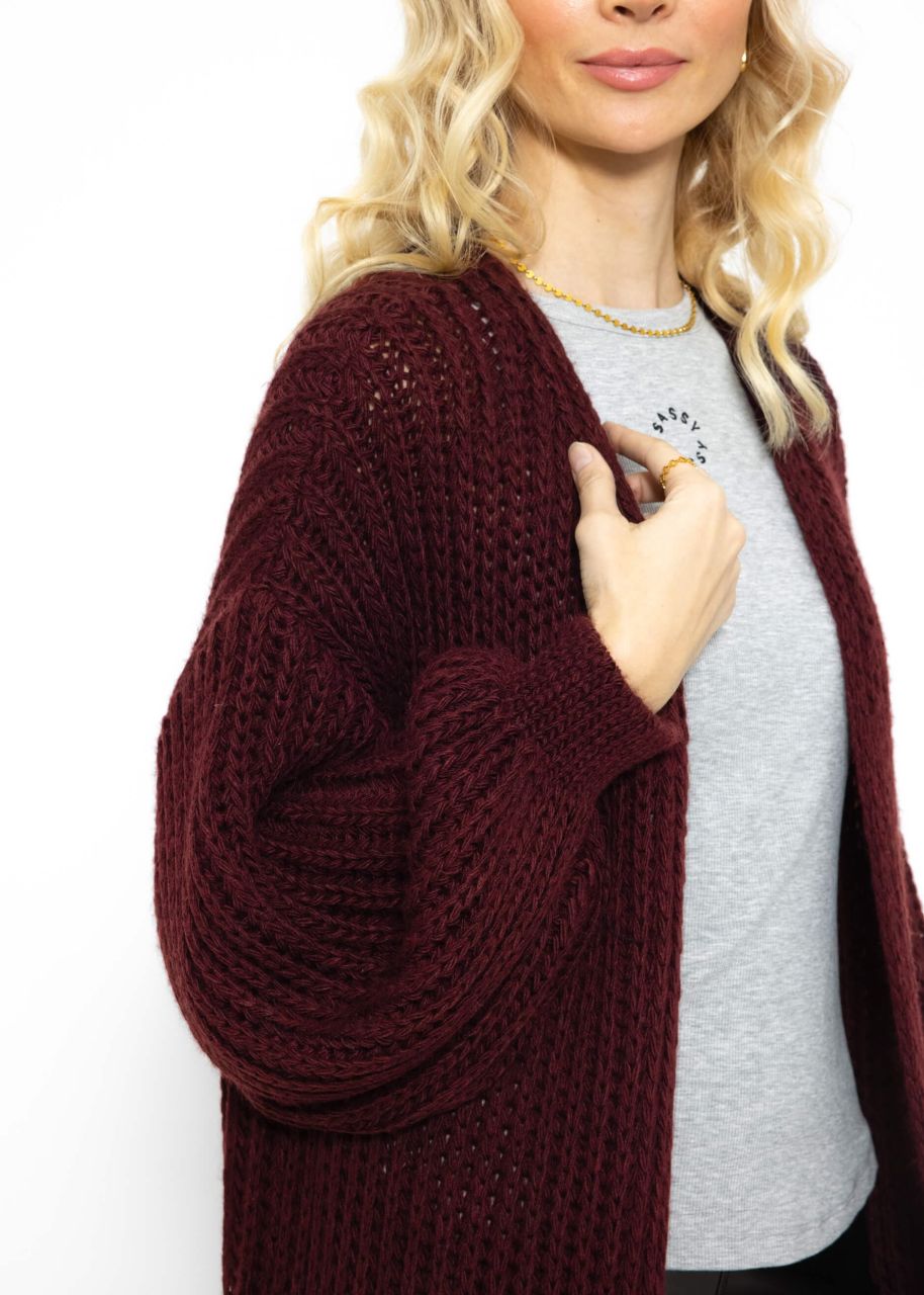 Ribbed long cardigan with balloon sleeves - burgundy