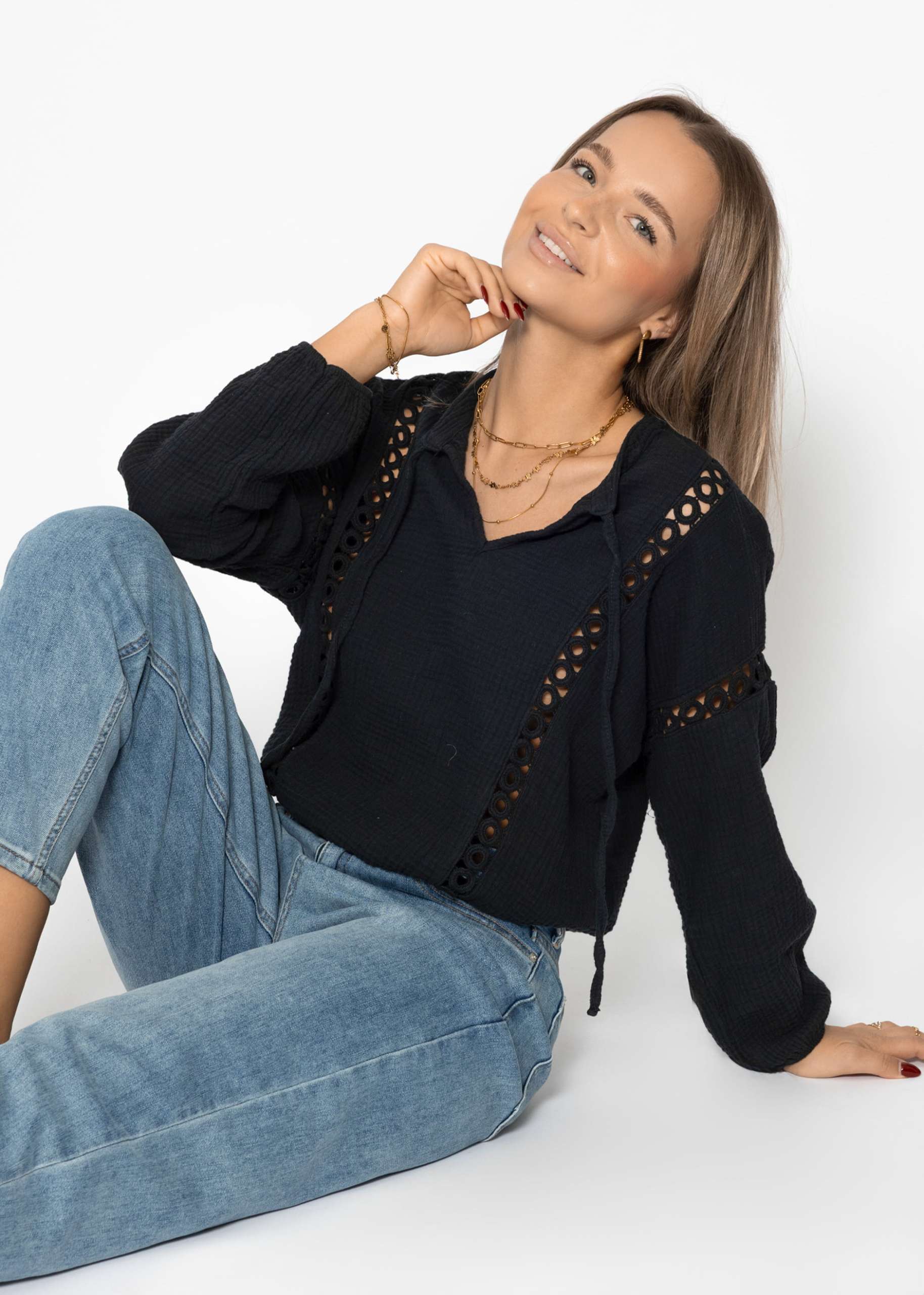 Muslin blouse with lace insert - black