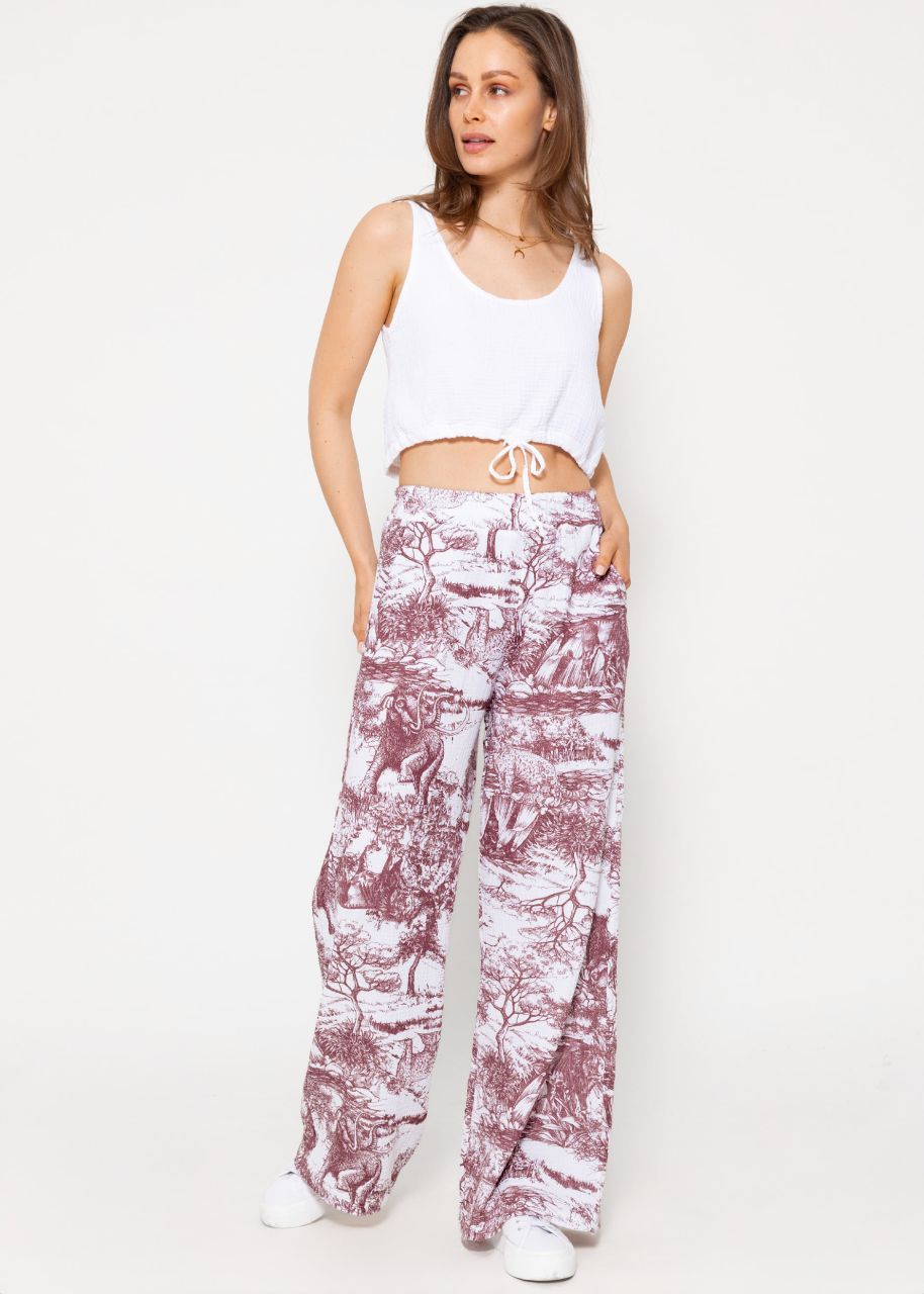 Muslin pants with wide leg and print - wine red