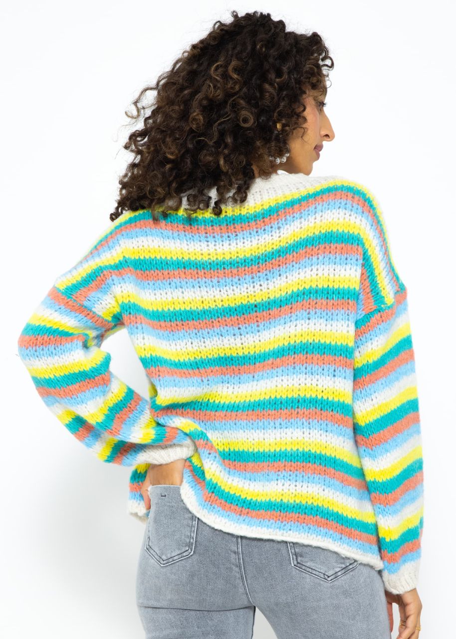 Round neck jumper with colourful striped stripes - offwhite