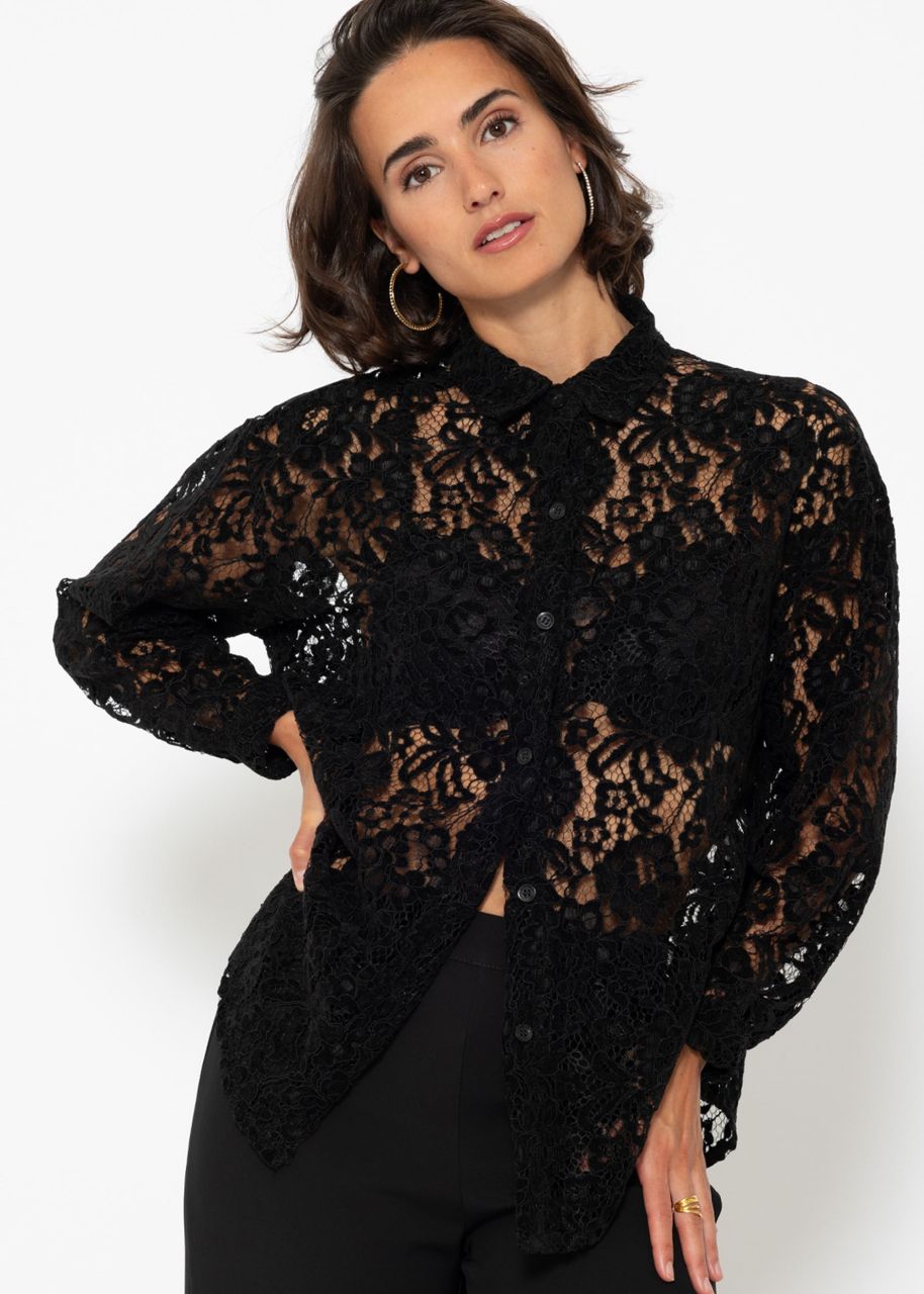 Lace blouse with velvet effect - black