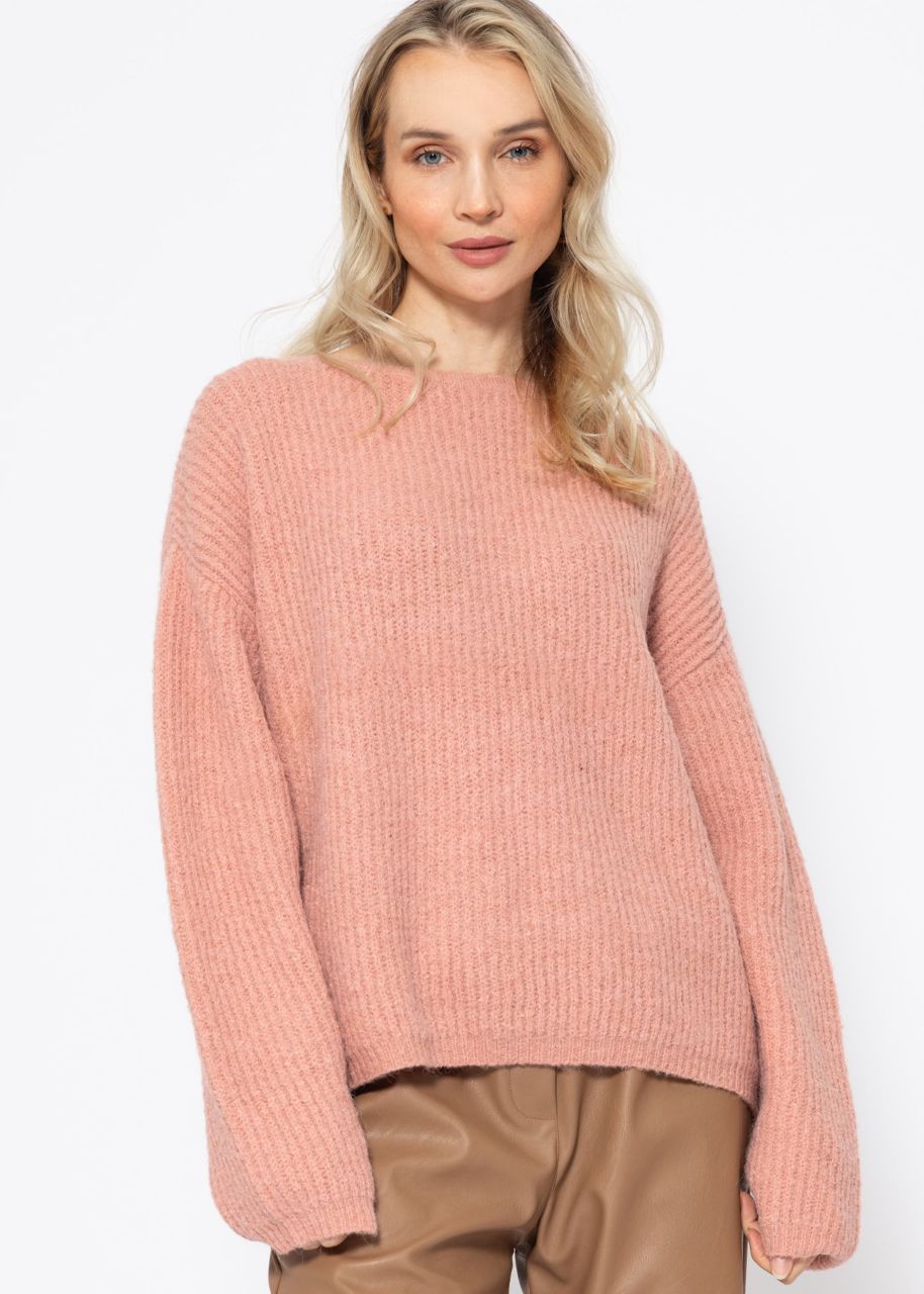 Ribbed jumper with round neckline - dusky pink