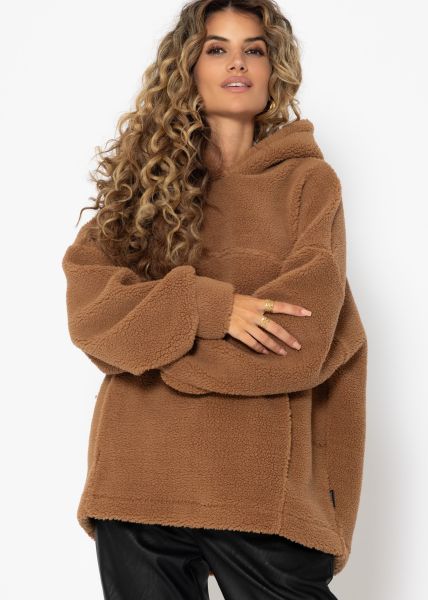 Oversized teddy sweatshirt with hood - camel