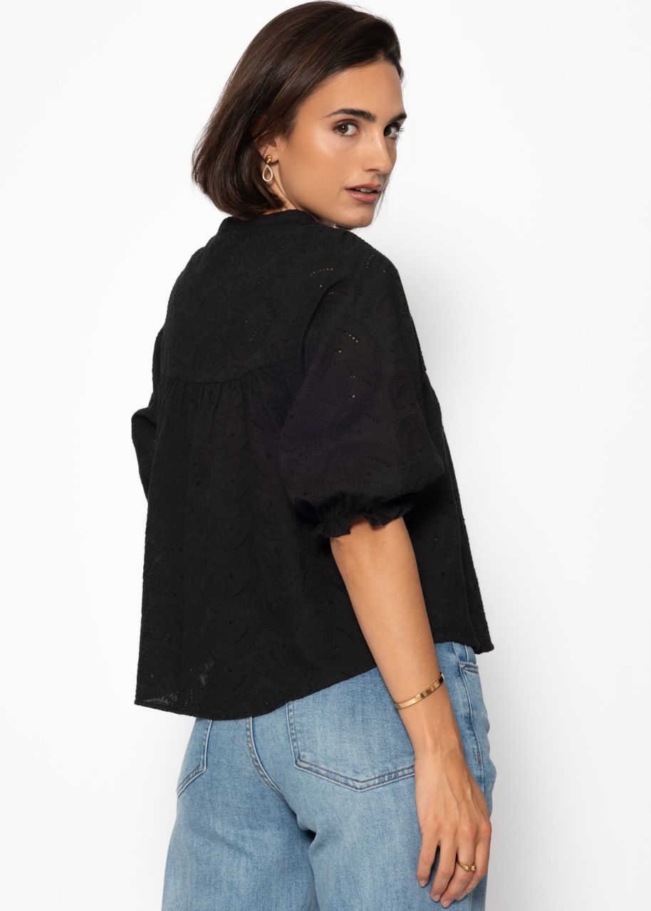 Lace blouse with short balloon sleeves - black
