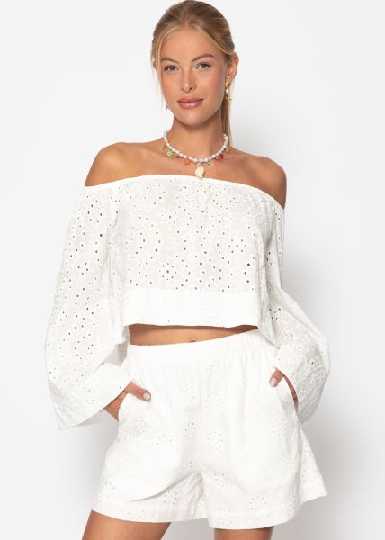 Shorts with eyelet embroidery - white