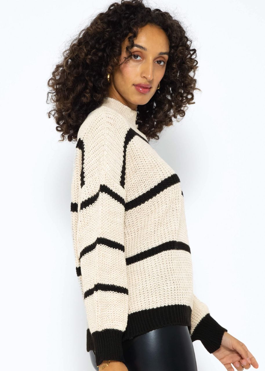 Striped turtleneck jumper - light beige-black