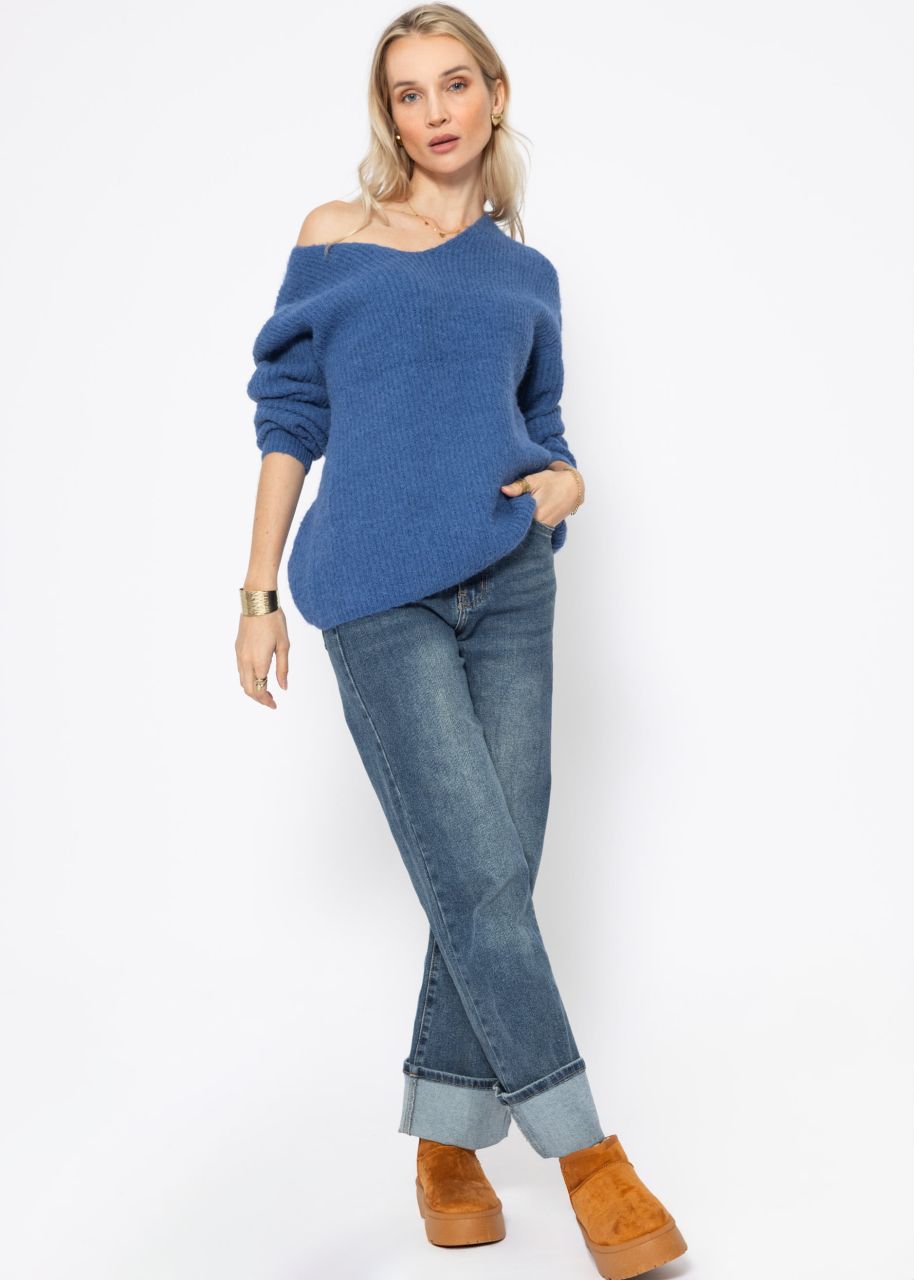 Ribbed jumper with V-neck - blue