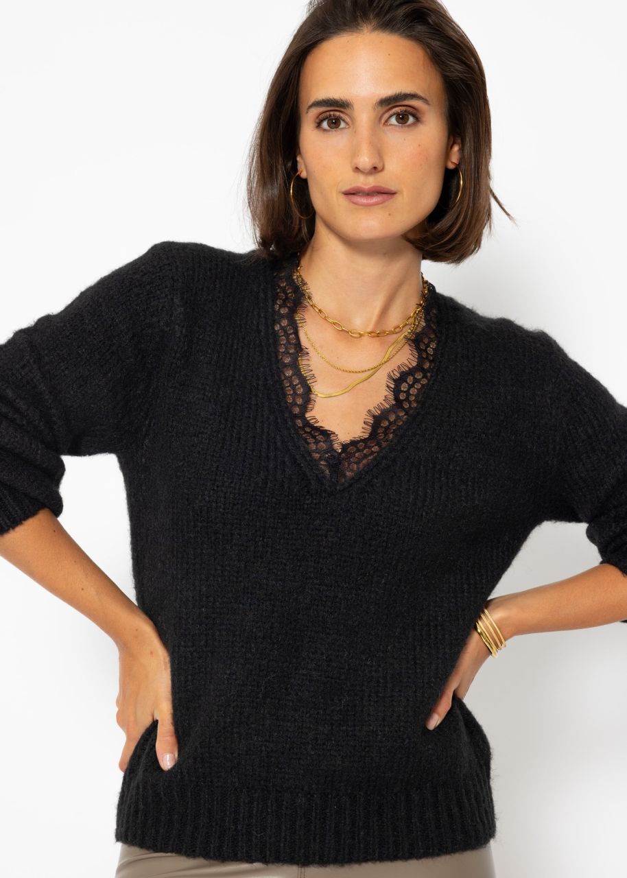 Jumper with lace neckline - black