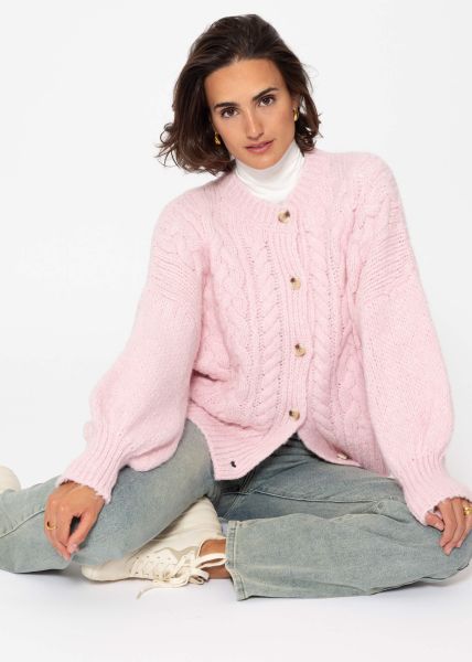 Super fluffy cardigan with cable knit pattern - pink