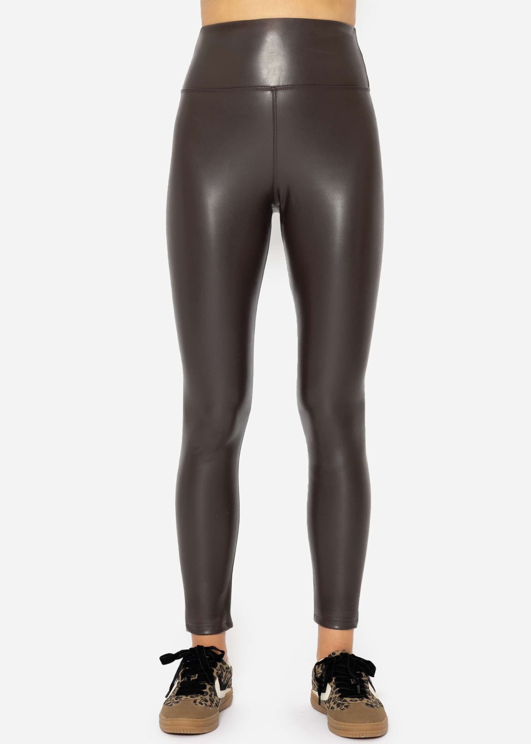 High-rise thermal leather leggings with wide waistband - dark brown