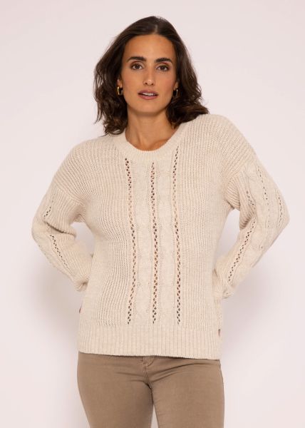 Round neck sweater with cable knit, beige