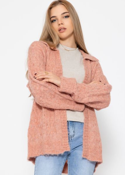 Fluffy cable-knit cardigan with collar - dusky pink