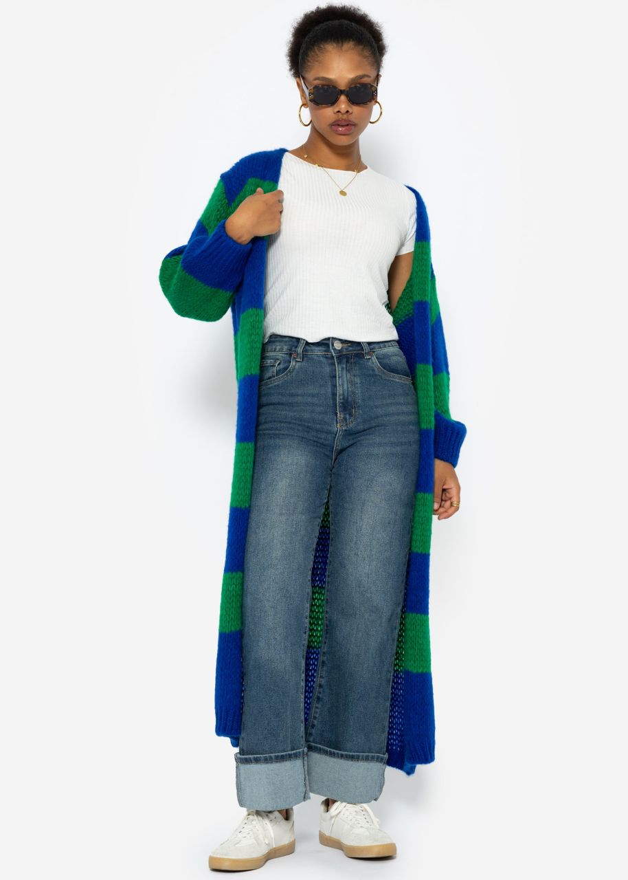 Extra long cardigan with block stripes - royal blue-green