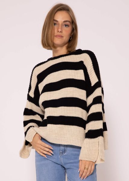 Striped sweater with wide sleeves, black/beige