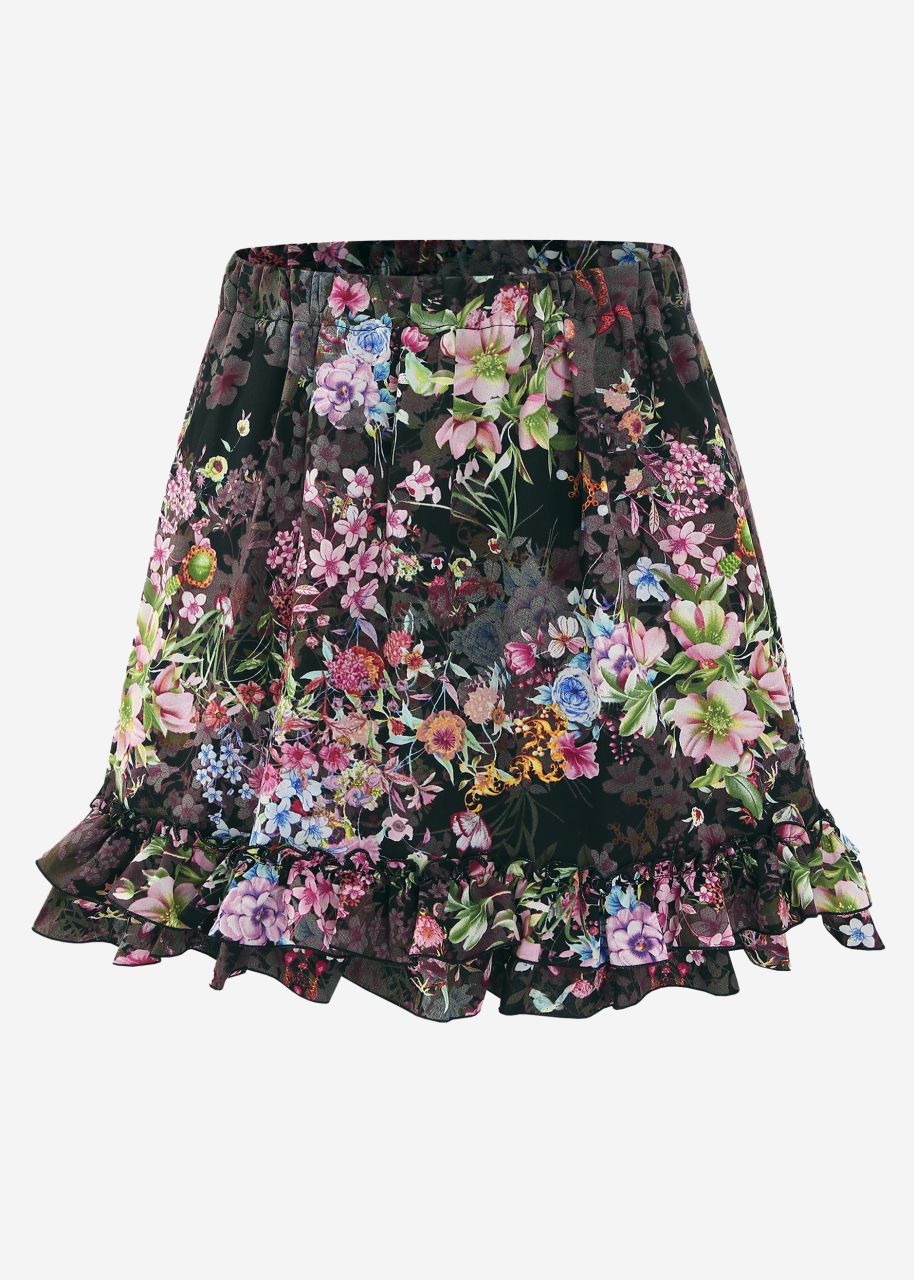 Flouncy skirt with ruffles and floral print - black
