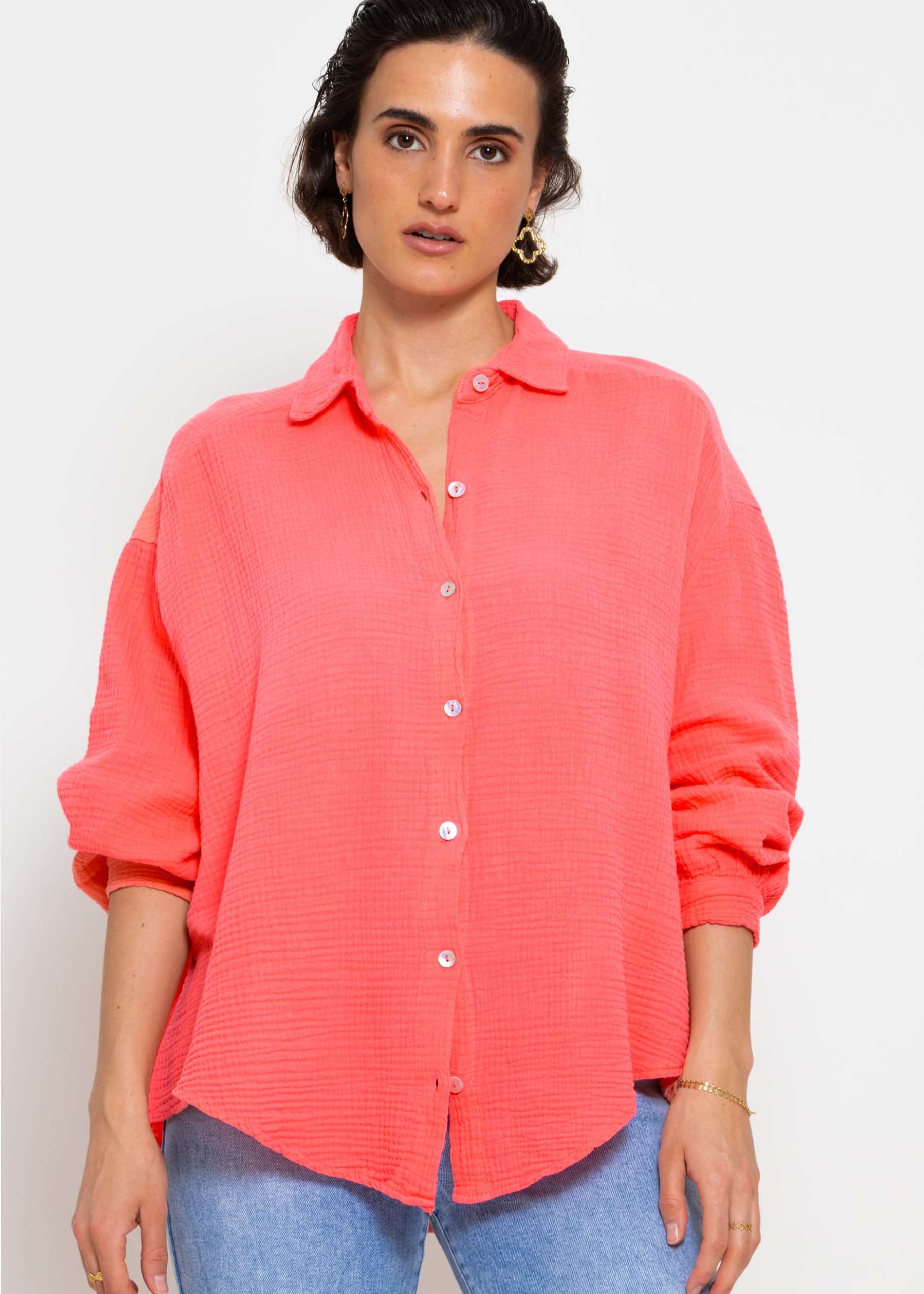 Muslin blouse oversize, short, coral