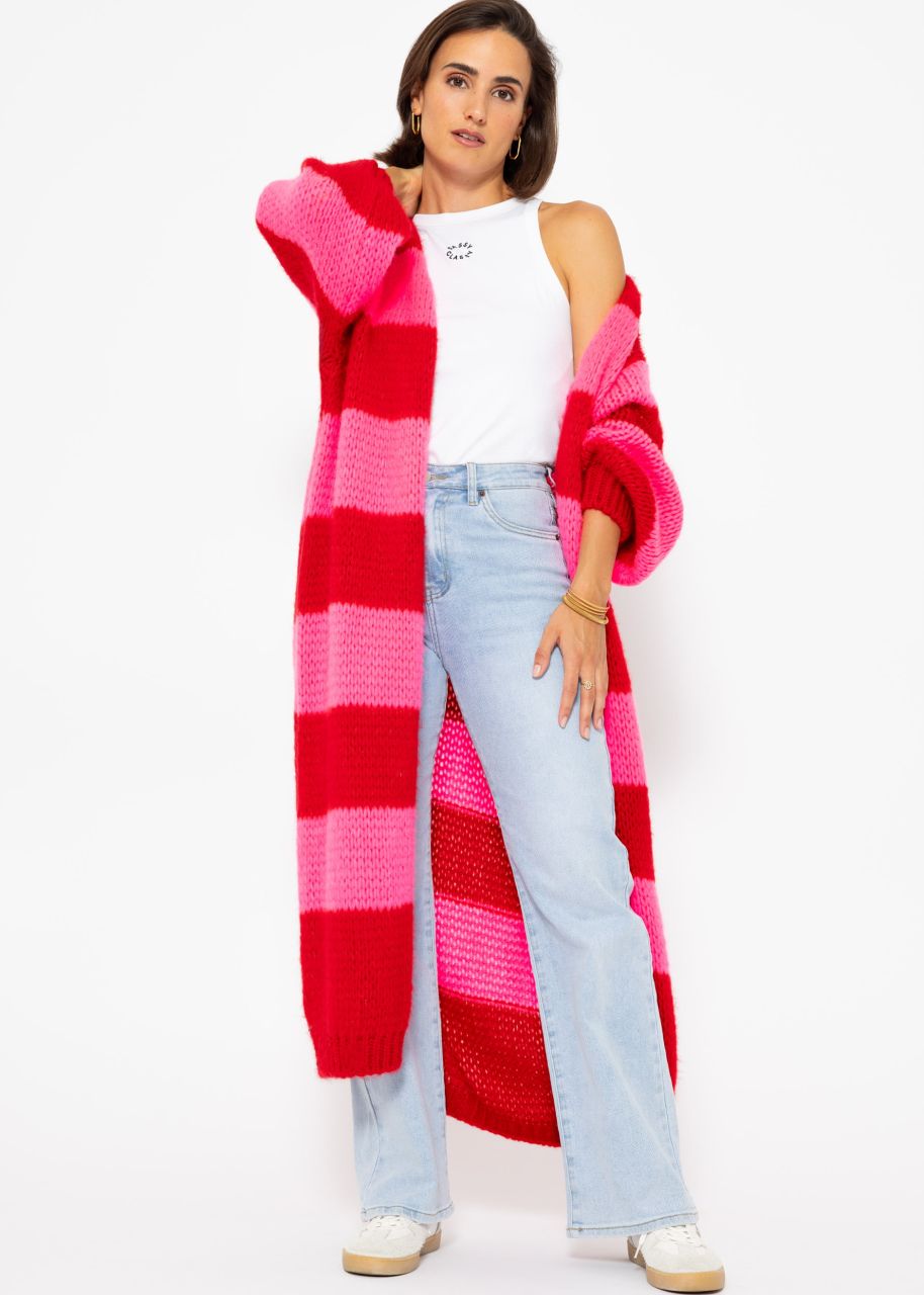 Extra long cardigan with block stripes - red-pink