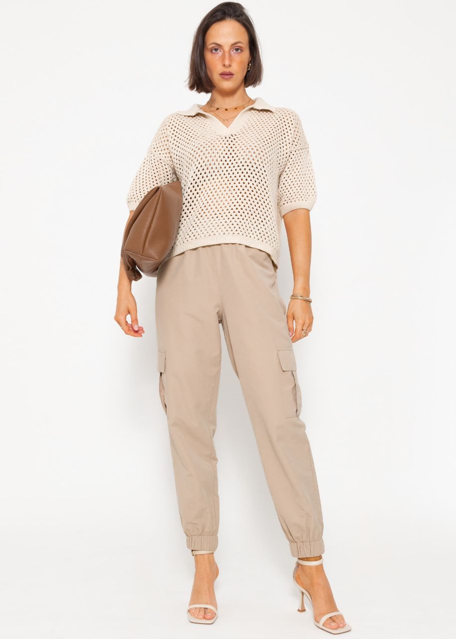 Short sleeve polo sweater in perforated knit - light beige