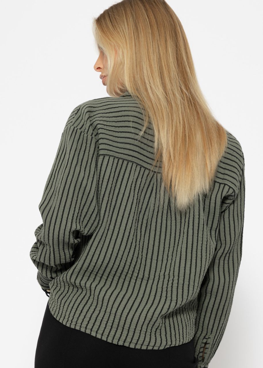 Striped muslin blouse with knot - khaki-black