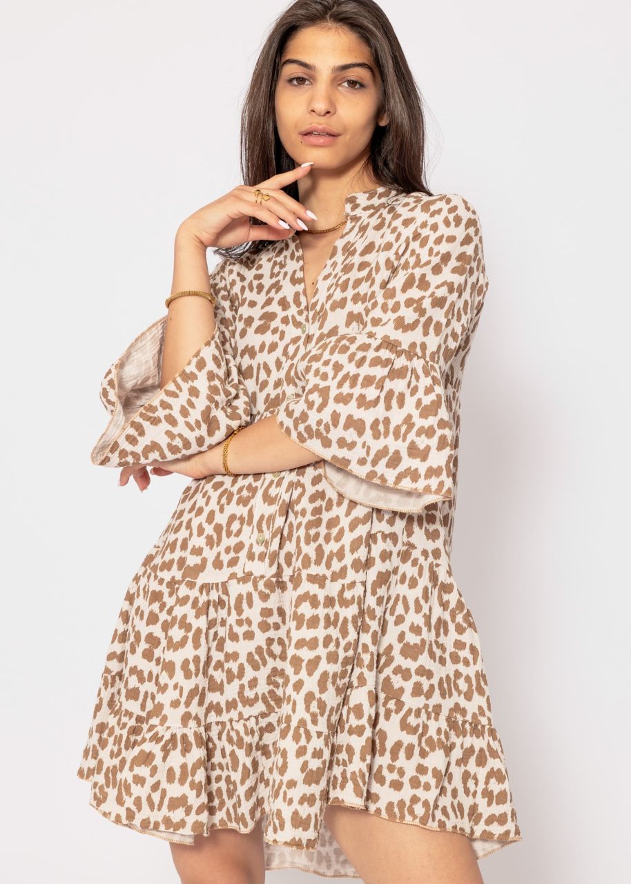 Muslin dress with leo print - offwhite-camel