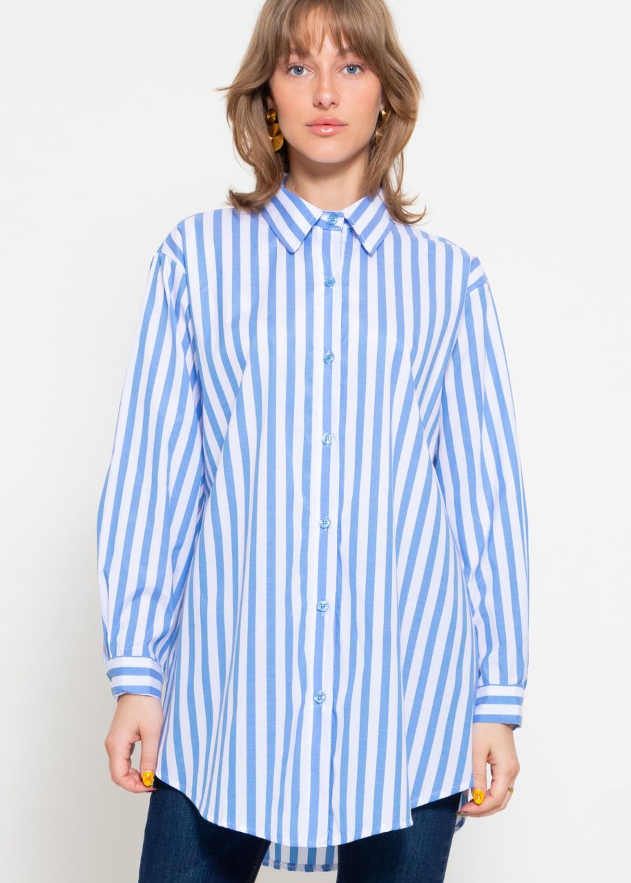 Long, striped blouse shirt with logo print - light blue