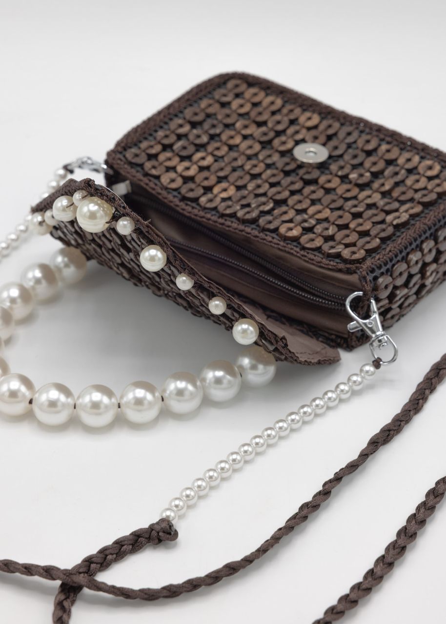 Small bag with white pearl handle - dark brown