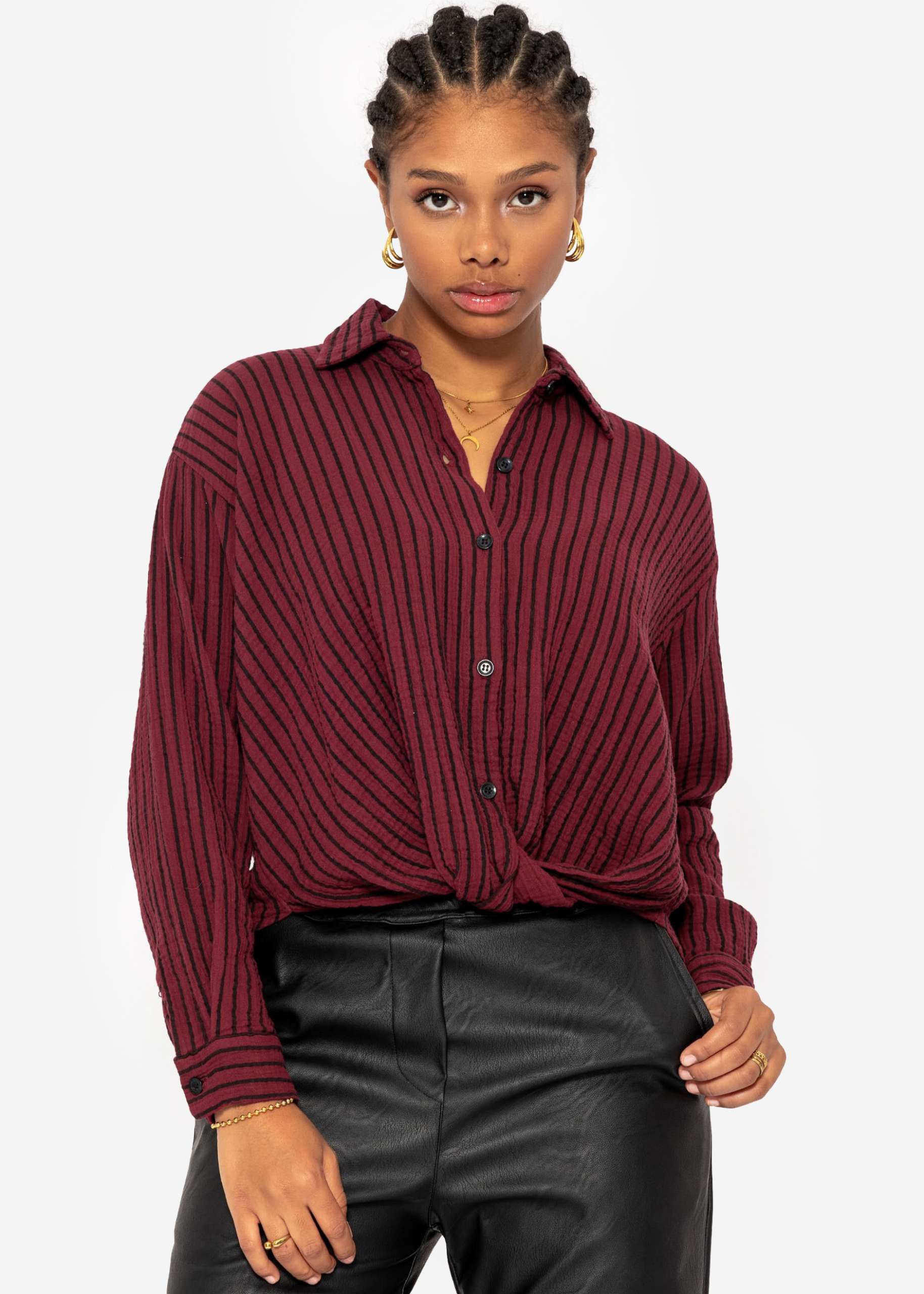 Striped muslin blouse with knot - burgundy-black