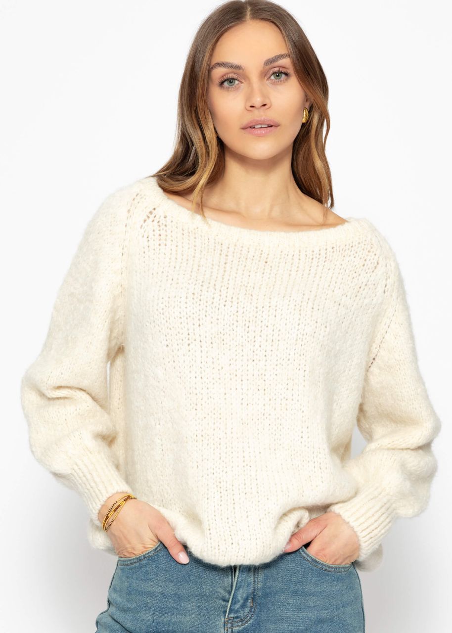 Fluffy sweater with boat neckline - offwhite