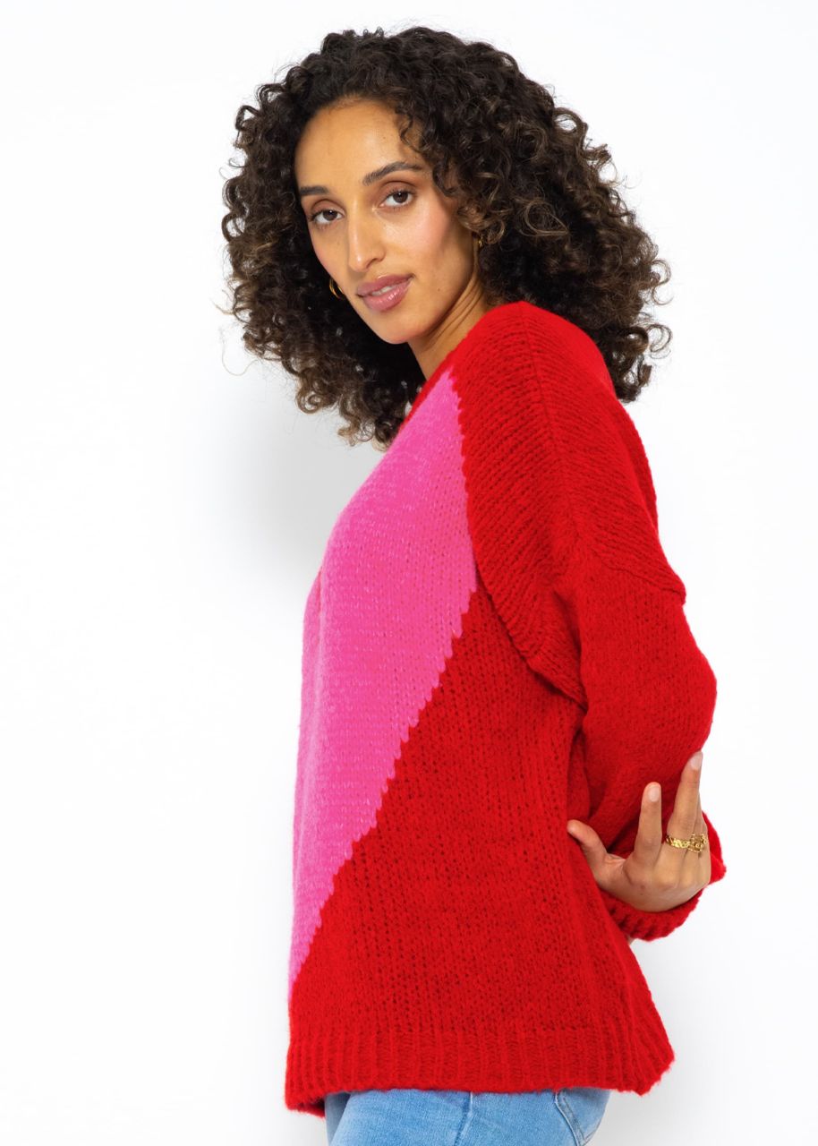 Oversized jumper with heart motif - red-pink